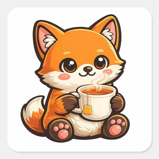 Cute Tea Fox Illustration – Cozy Fox Drinking Tea Square Sticker (Front)