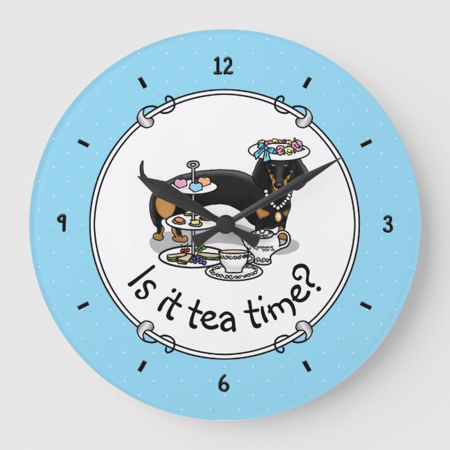 Cute Tea Party Dachshund Dog (black & tan) Funny Large Clock (Front)