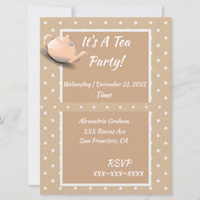 Cute Tea Party Invitation Beige Polka Dot Teapot (Front)