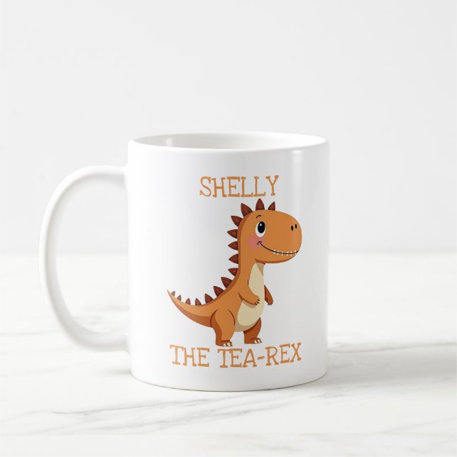Cute Tea-Rex Dinosaur Personalized Name Coffee Mug (Left)
