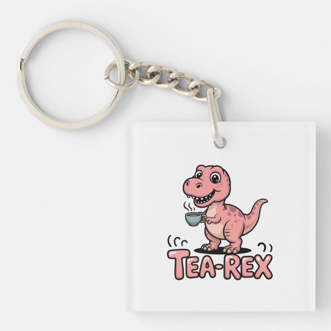 Cute Tea-Rex Pink Dinosaur – Sip Happens! Key Ring (Front)