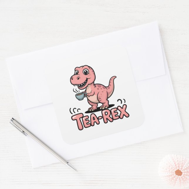 Cute Tea-Rex Pink Dinosaur – Sip Happens! Square Sticker (Envelope)