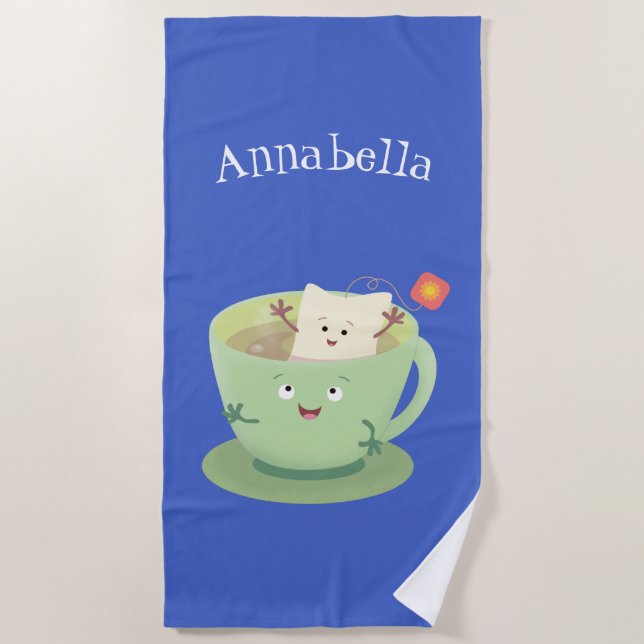 Cute teabag cup cartoon humour character beach towel (Front)