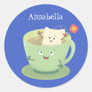 Cute teabag cup cartoon humour character classic round sticker