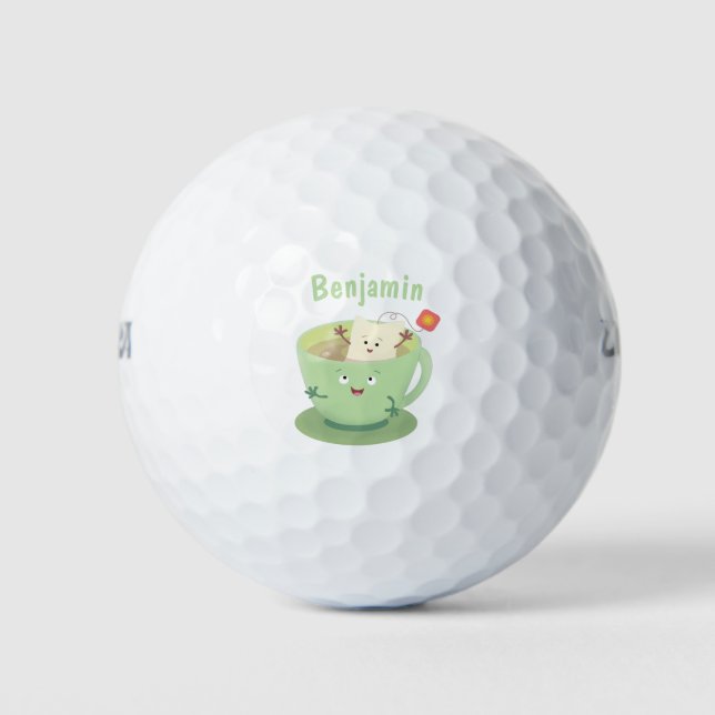Cute teabag cup cartoon humour character golf balls (Front)