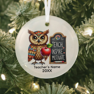 Cute Teach Inspire Motivate add name year Glass Tree Decoration