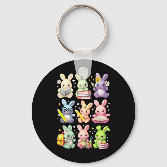 Cute Teacher Bunny Rabbit Reading Easter Bunnies B Key Ring (Front)