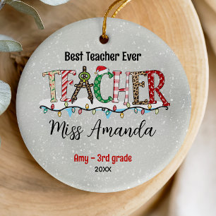 Cute Teacher Christmas green red baffalo plaid Ceramic Ornament