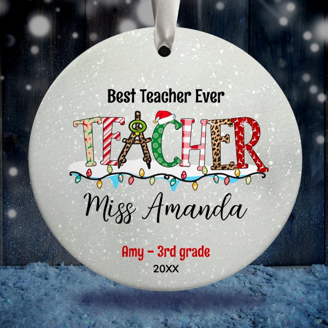 Cute Teacher Christmas green red baffalo plaid Ceramic Ornament (Creator Uploaded)