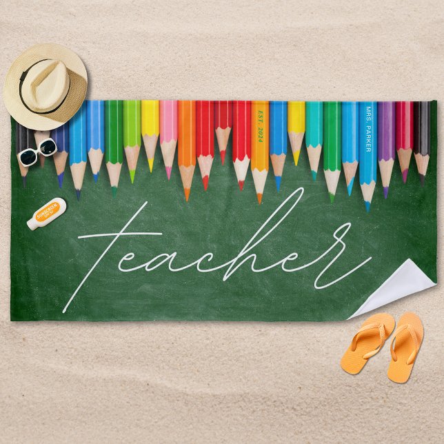Cute Teacher Coloured Pencils Personalised Beach Towel (Creator Uploaded)
