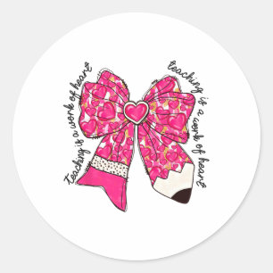 Cute Teacher Coquette Bow Pencil Heart Valentine D Classic Round Sticker