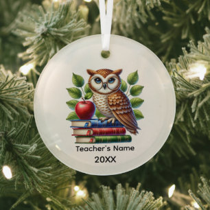Cute Teacher owl add name year Glass Tree Decoration