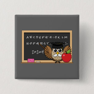 Cute Teacher Owl with Apple Cartoon 15 Cm Square Badge