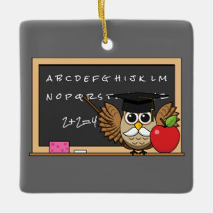 Cute Teacher Owl with Apple Cartoon Ceramic Ornament