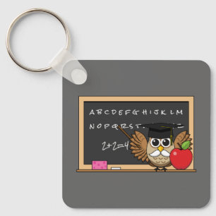 Cute Teacher Owl with Apple Cartoon Key Ring