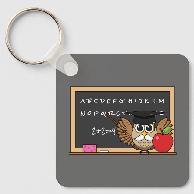 Cute Teacher Owl with Apple Cartoon Key Ring (Front)