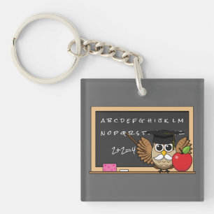 Cute Teacher Owl with Apple Cartoon Key Ring
