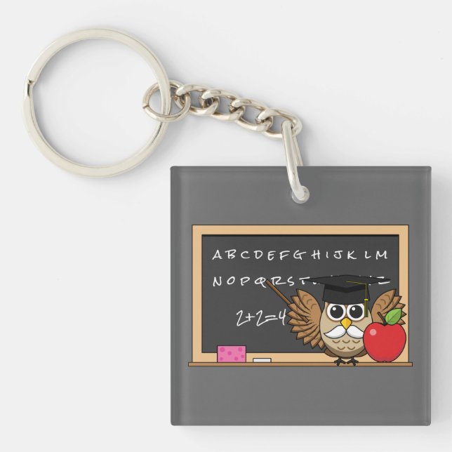 Cute Teacher Owl with Apple Cartoon Key Ring (Front)