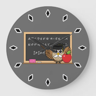 Cute Teacher Owl with Apple Cartoon Large Clock