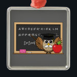 Cute Teacher Owl with Apple Cartoon Metal Ornament<br><div class="desc">An illustration of a cute teacher owl with adorable white moustache wearing a graduation cap with yellow tassel and holding a red apple. He is writing on the blackboard and teaching letter alphabet and a simple math. This kawaii cartoon design is for bird lovers and animal lovers, and a gift...</div>