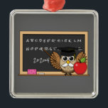 Cute Teacher Owl with Apple Cartoon Metal Ornament<br><div class="desc">An illustration of a cute teacher owl with adorable white moustache wearing a graduation cap with yellow tassel and holding a red apple. He is writing on the blackboard and teaching letter alphabet and a simple math. This kawaii cartoon design is for bird lovers and animal lovers, and a gift...</div>