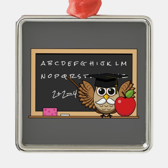 Cute Teacher Owl with Apple Cartoon Metal Ornament (Front)