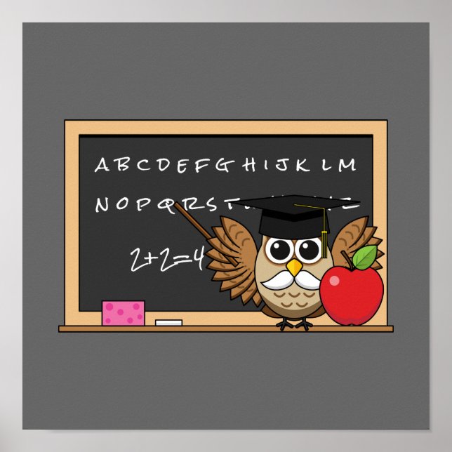 Cute Teacher Owl with Apple Cartoon Poster (Front)