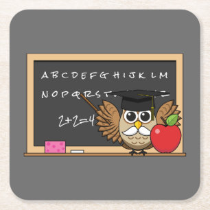 Cute Teacher Owl with Apple Cartoon Square Paper Coaster