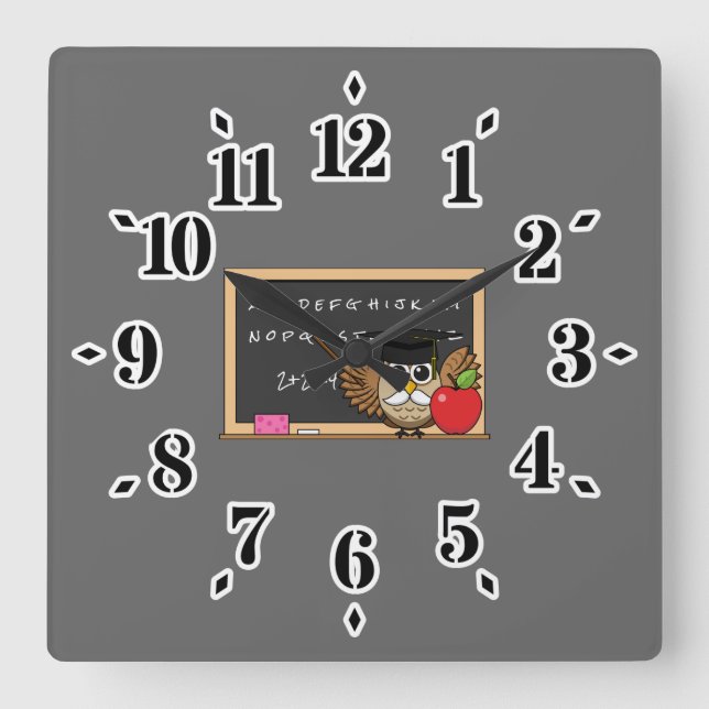 Cute Teacher Owl with Apple Cartoon Square Wall Clock (Front)