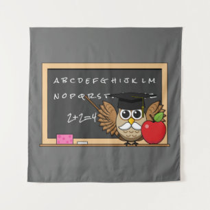 Cute Teacher Owl with Apple Cartoon Tapestry