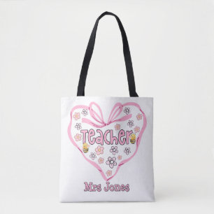 Cute Teacher Pink Coquette Heart Bow Tote Bag