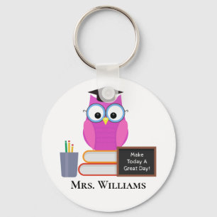 Cute Teacher Pink Owl Back To School Monogram Key Ring