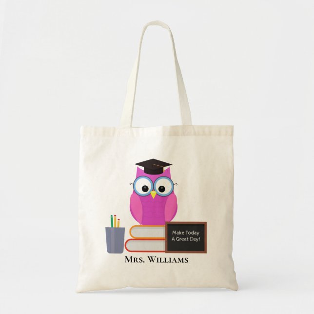 Cute Teacher Pink Owl Back To School Monogram Tote (Front)