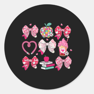 Cute Teacher Valentine Bow Heart Valentines Day Te Classic Round Sticker