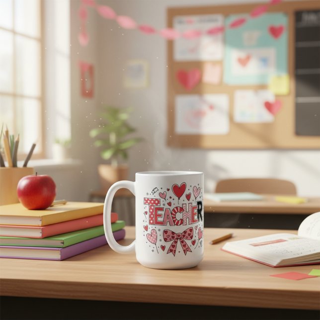 Cute Teacher Valentine's Day Coquette Bow Heart  Coffee Mug (Creator Uploaded)