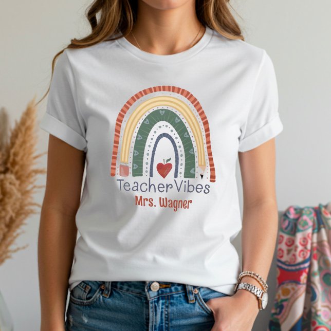 Cute Teacher Vibes Rainbow Personalised Name  T-Shirt (Creator Uploaded)