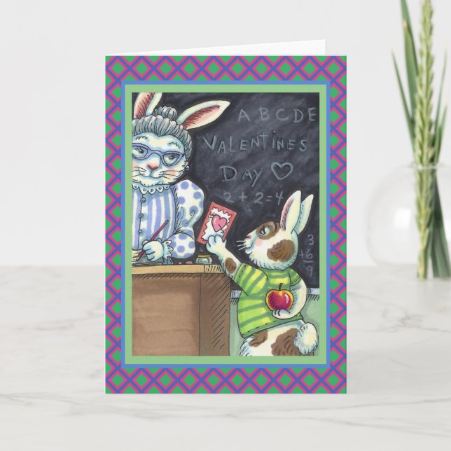 CUTE TEACHER'S PET, APPLE & VALENTINE BUNNY RABBIT HOLIDAY CARD (Front)
