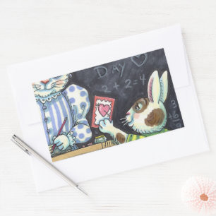 CUTE TEACHER'S PET, APPLE & VALENTINE BUNNY RABBIT RECTANGULAR STICKER
