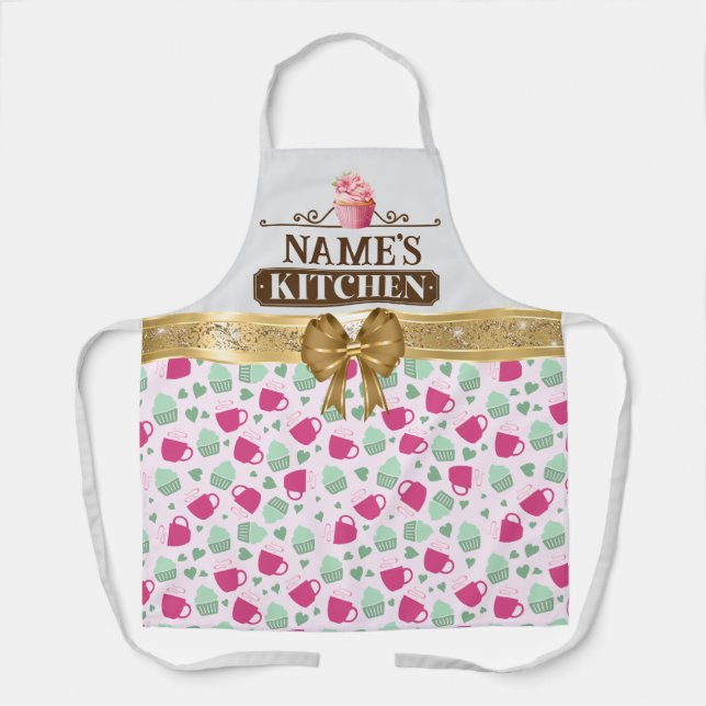 Cute Teacup and Cupcake in a Pretty Pattern Apron (Front)