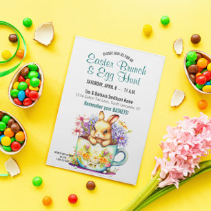 Cute Teacup Bunny Floral Easter Brunch & Egg Hunt Invitation