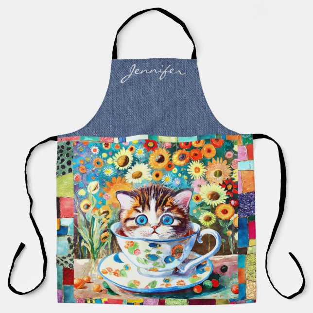 Cute Teacup Cat All-Over Print Apron (Front)