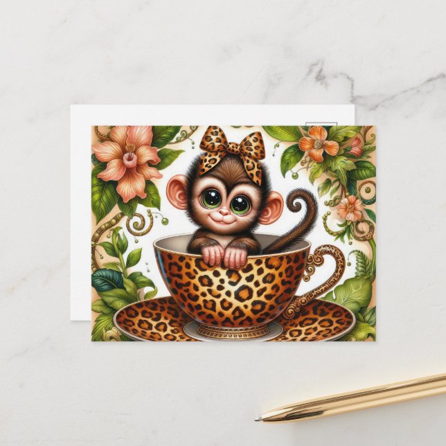 Cute teacup monkey jungle mug postcard (Front/Back In Situ)