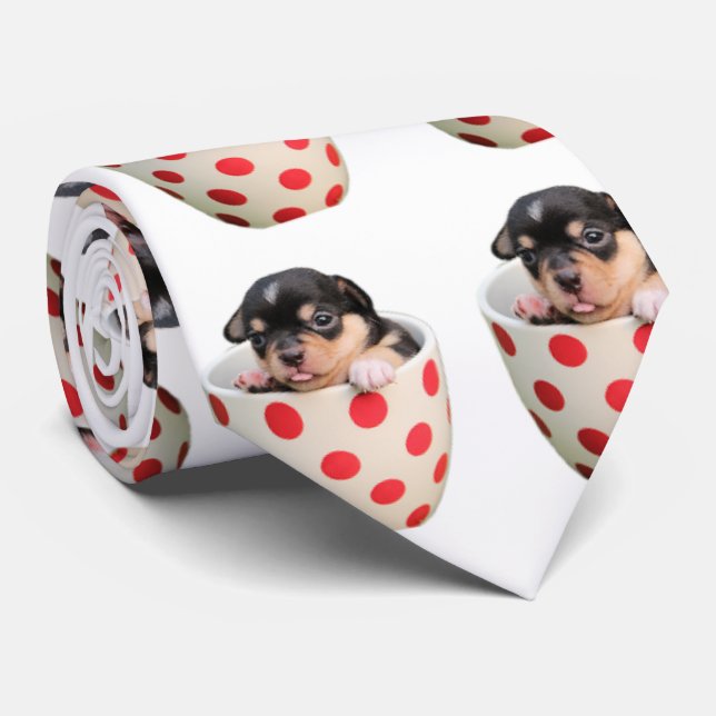 Cute Teacup Puppy Pattern on White Tie (Rolled)