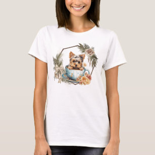 Cute Teacup Yorkie in Gold Frame and Roses T-Shirt