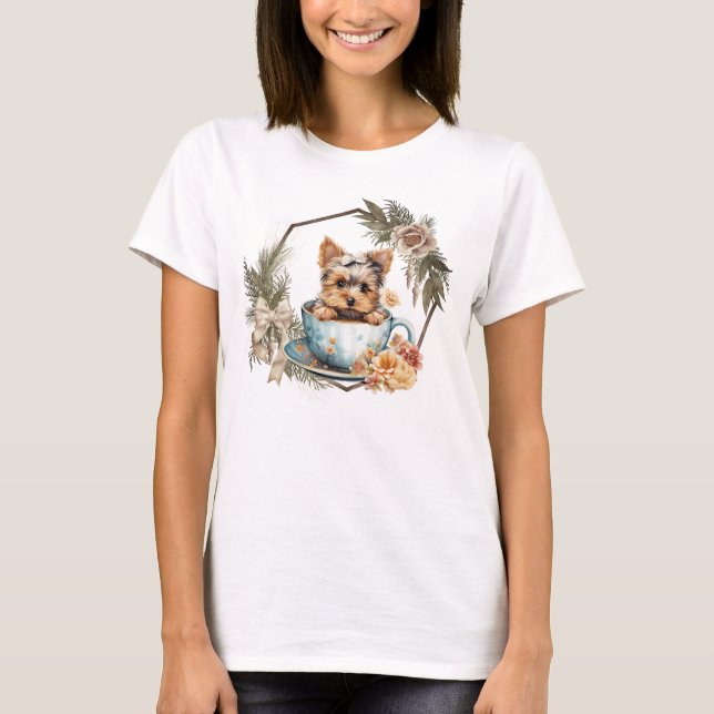Cute Teacup Yorkie in Gold Frame and Roses T-Shirt (Front)