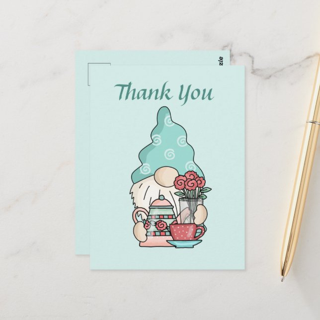 Cute teahouse thank you gnome postcard (Front/Back In Situ)