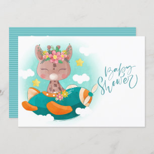 Cute Teal Aeroplane Giraffe Baby Shower   Invitation