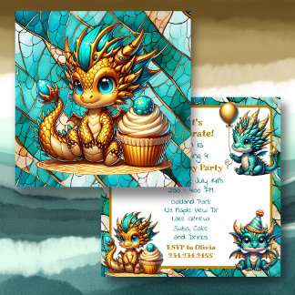 Cute Teal and Gold Dragon Boy's Birthday Party Invitation