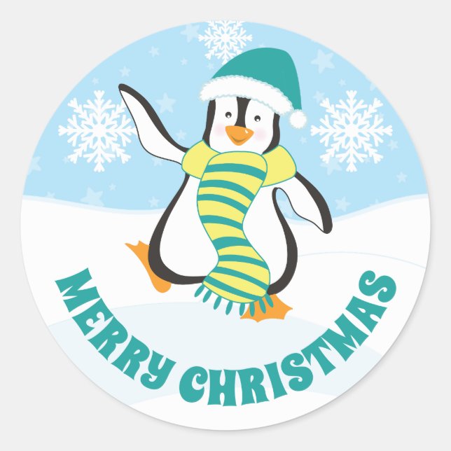 Cute Teal and Yellow Hat Christmas Penguin Classic Round Sticker (Front)