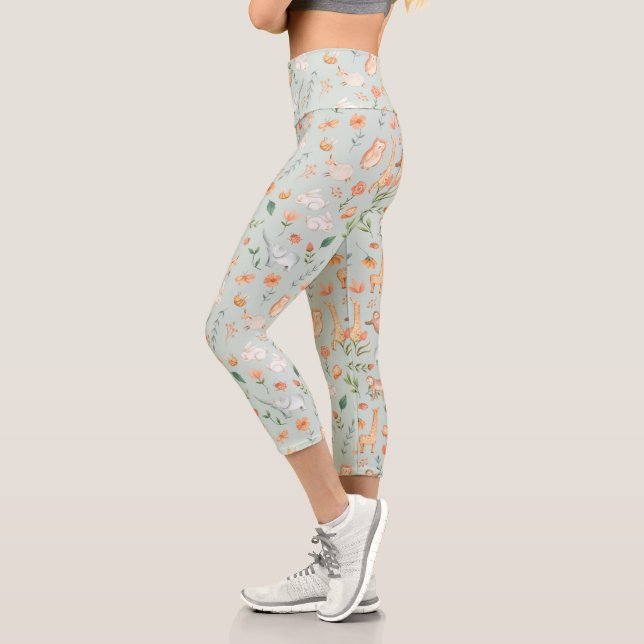 Cute Teal Baby Animal Pastel Pattern Capri Leggings (Left)